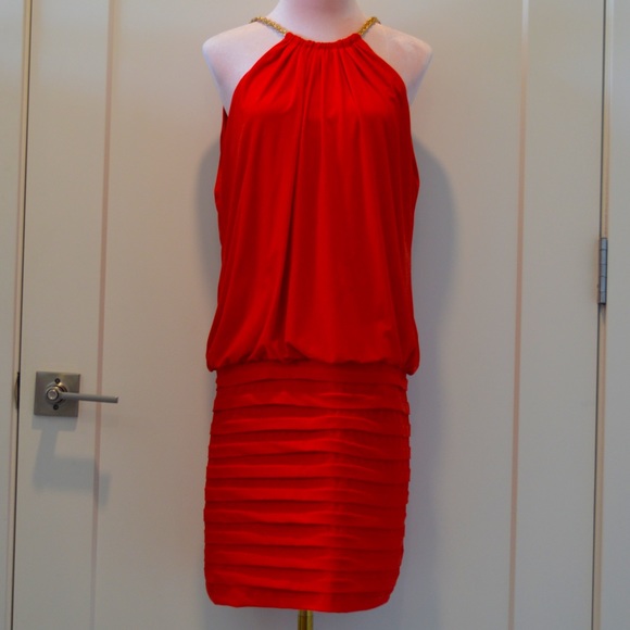 Red Cache Dress with Gold Chain Halter Neck - Picture 2 of 10